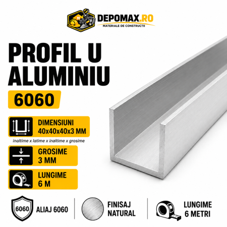 Profil U aluminiu 40 x 40 x 40 x 3 mm, 6 metri
